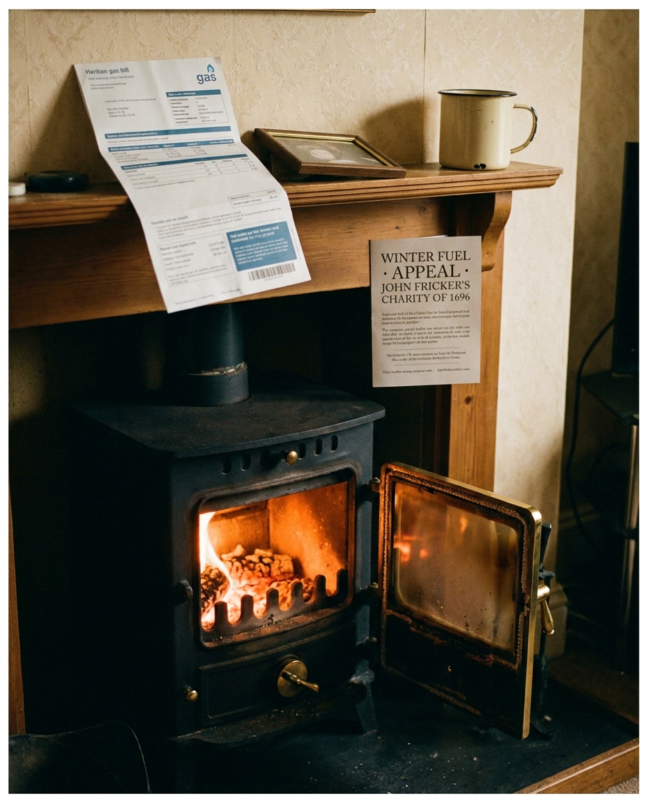 A wood-burning stove glowing in a small Salisbury front room, a heritage gas bill on the mantelpiece.