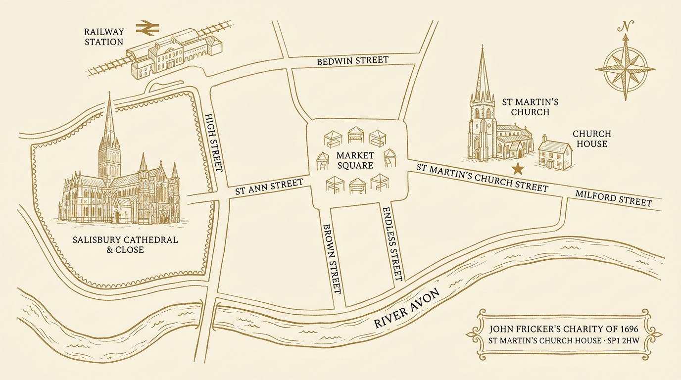 A hand-drawn ink map of central Salisbury showing the location of St Martin's Church House on St Martin's Church Street, with the cathedral and the river to the west.