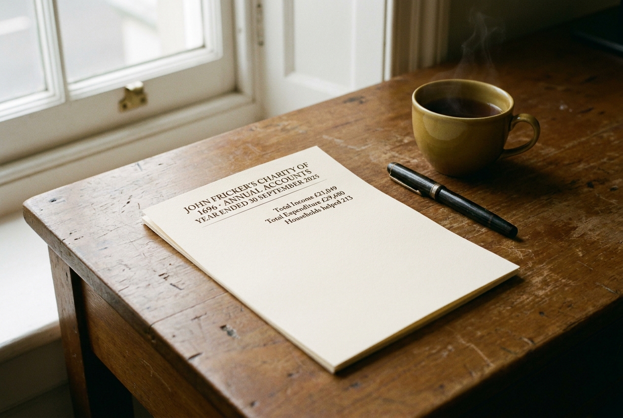 A printed page of accounts open on a wooden desk beside a fountain pen and a steaming teacup.