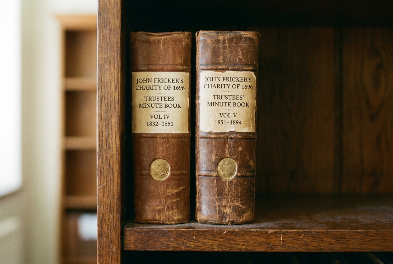A pair of bound minute books on a shelf, the spines stamped 1832 and 1894.