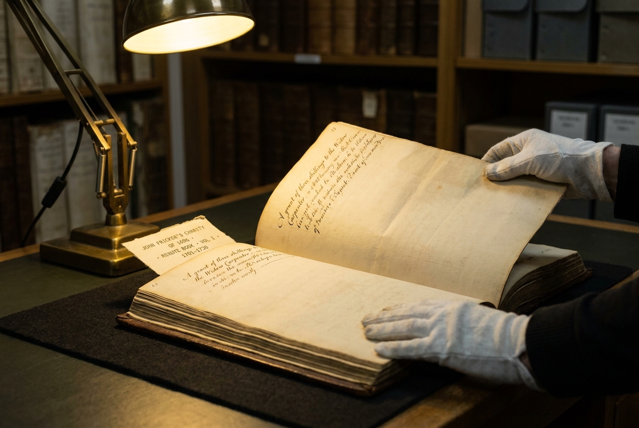 A volunteer in cotton gloves reading an eighteenth-century minute book by lamplight.