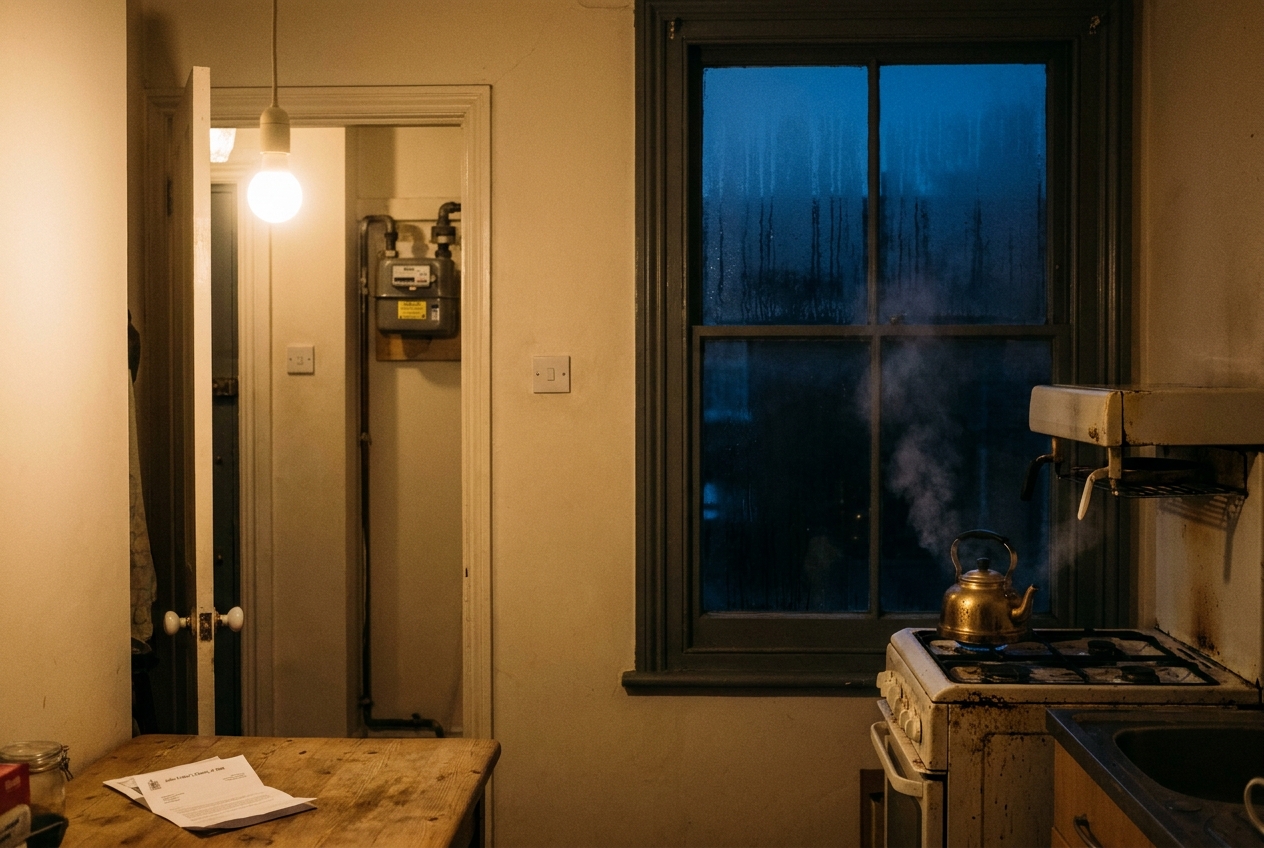 A condensation-misted kitchen window in a Milford Street terrace, dusk.