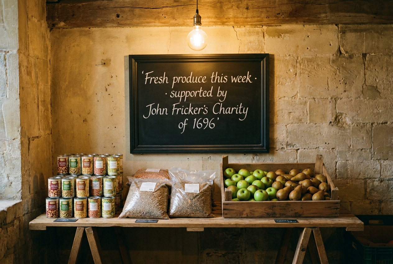 A pantry shelf at St Martin's stacked with tinned pulses and a chalkboard noting fresh produce arriving Tuesday.