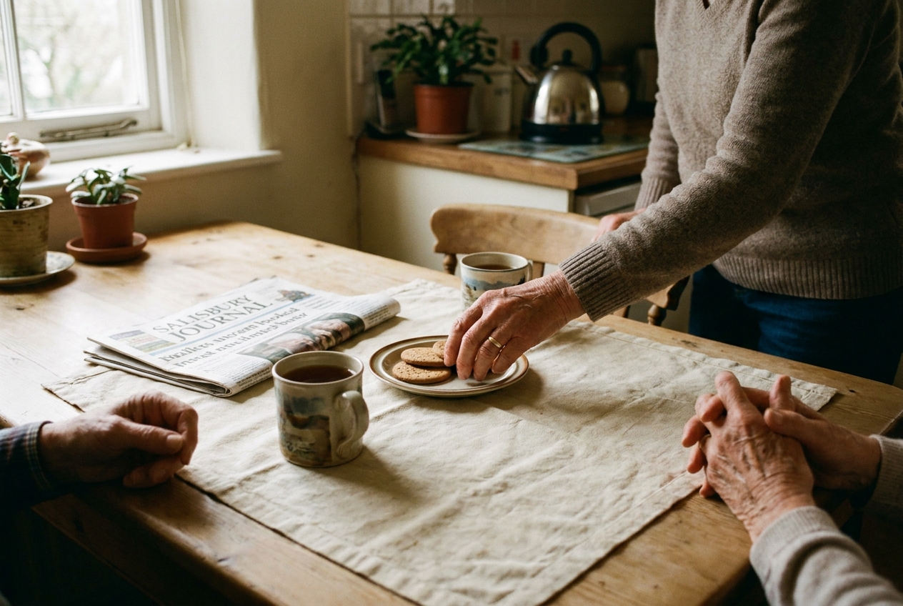 A Sunday Doors befriender shares tea at a kitchen table on a winter afternoon.