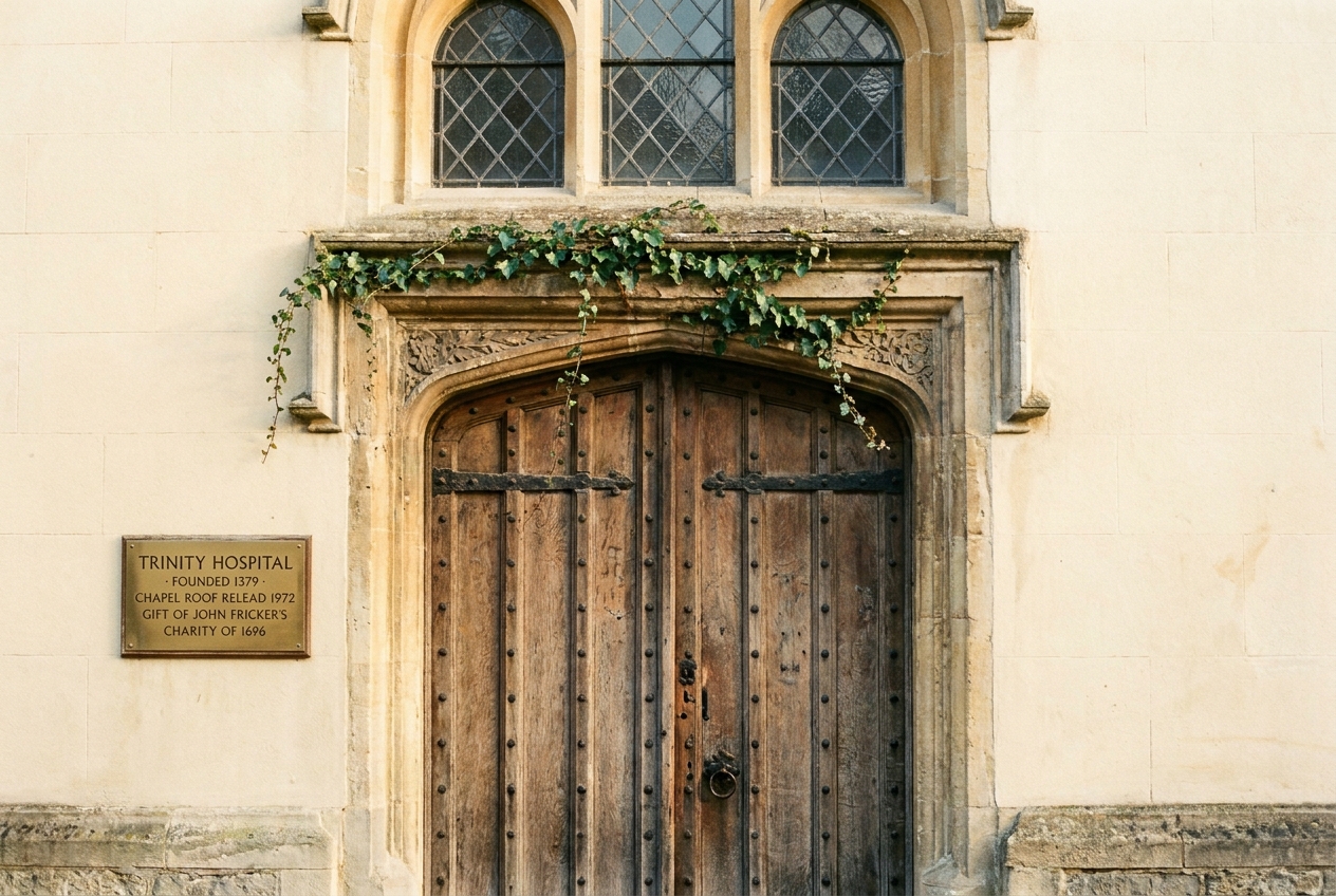 The medieval doorway of Trinity Hospital, Salisbury, with its lead-paned chapel window above.