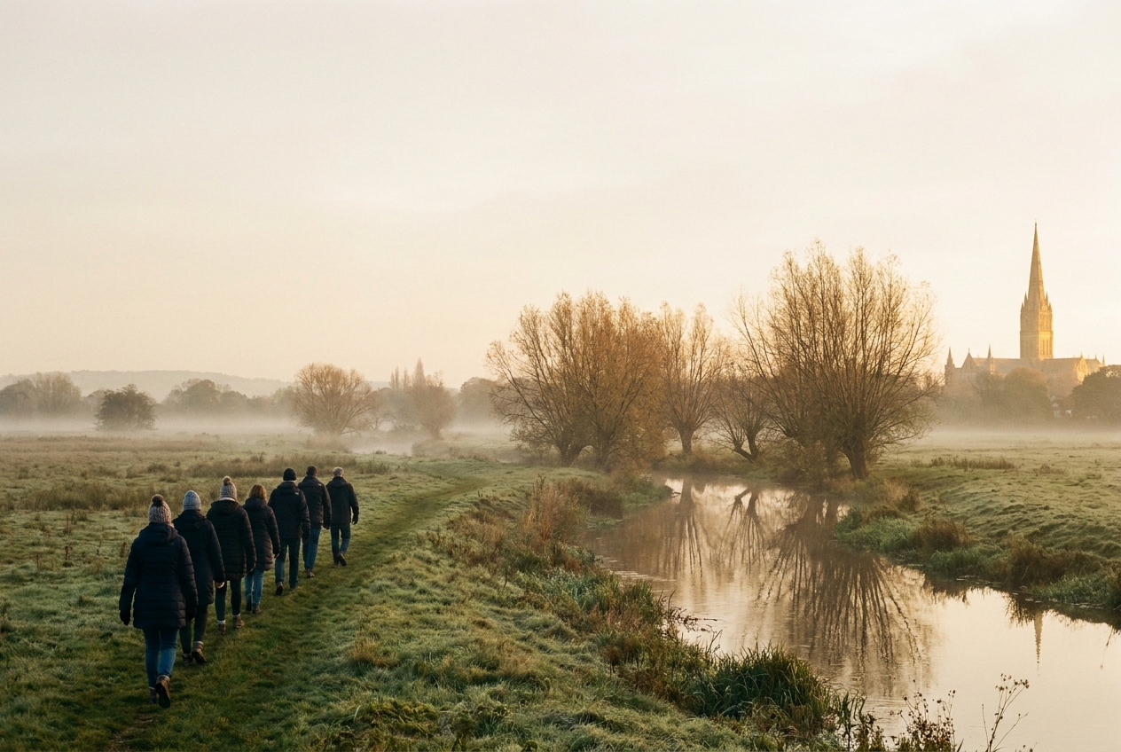 Walkers on the water meadows behind Salisbury Cathedral in low autumn light.