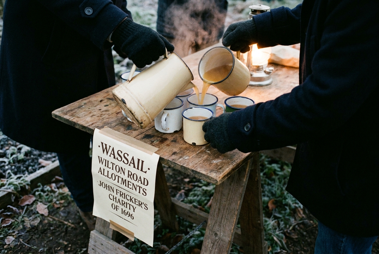 Mulled cider being poured into chipped enamel mugs at the Wilton Road allotments.