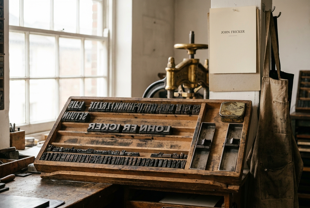 A printer's tray of metal Caslon type, with hand-set blocks reading 'JOHN FRICKER'.