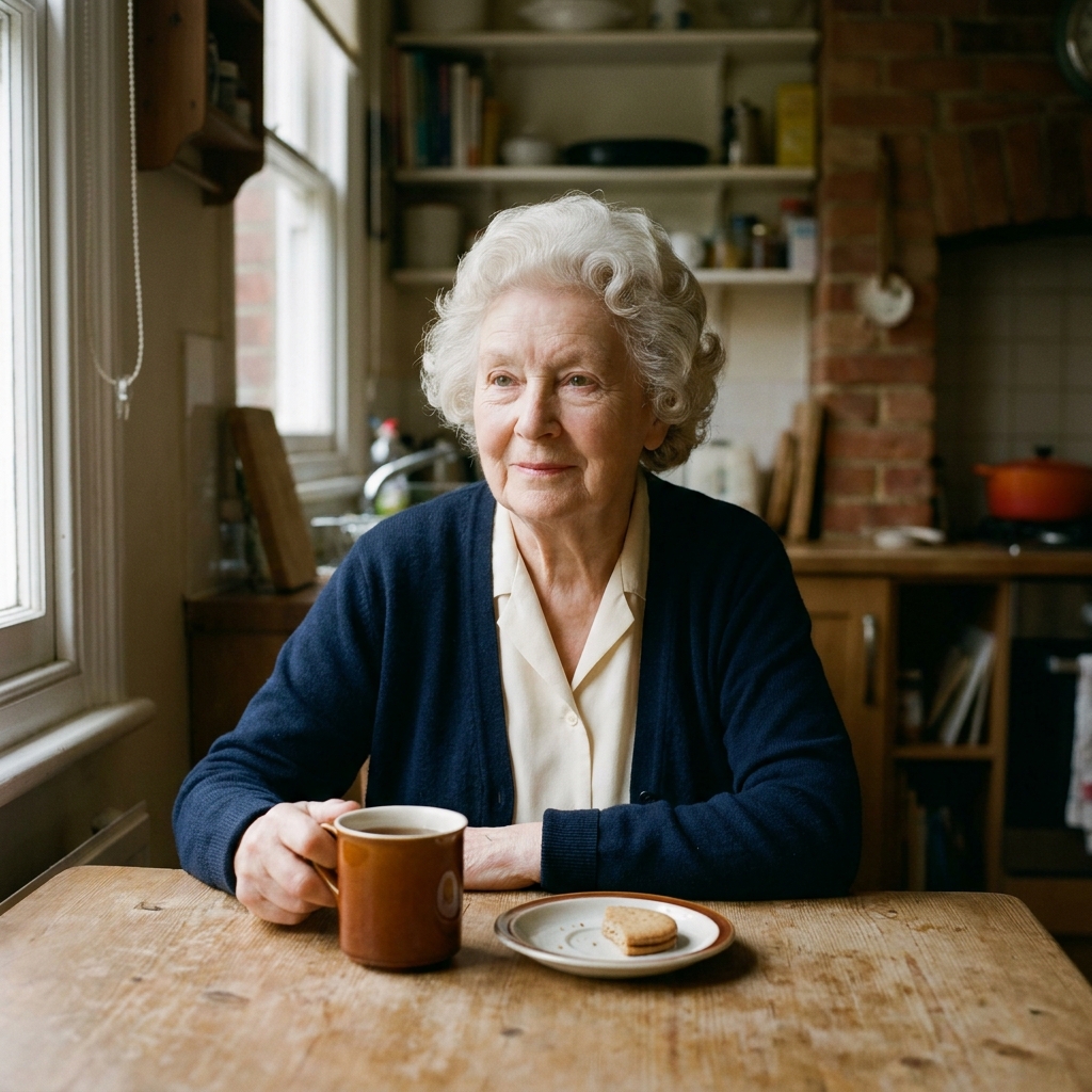 Margaret, 78, Salisbury — kitchen, soft window light