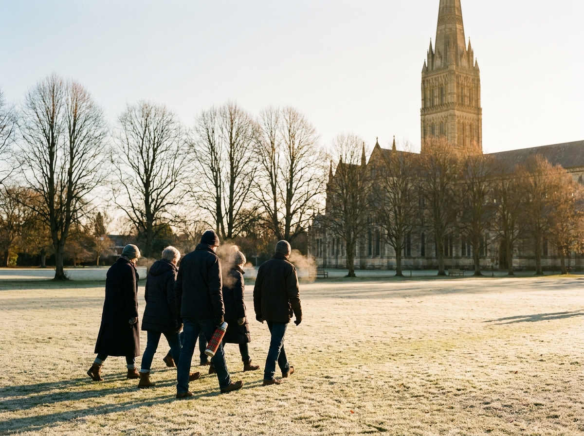 A small group of walkers cross the lawn behind Salisbury Cathedral, low winter sun, breath visible.