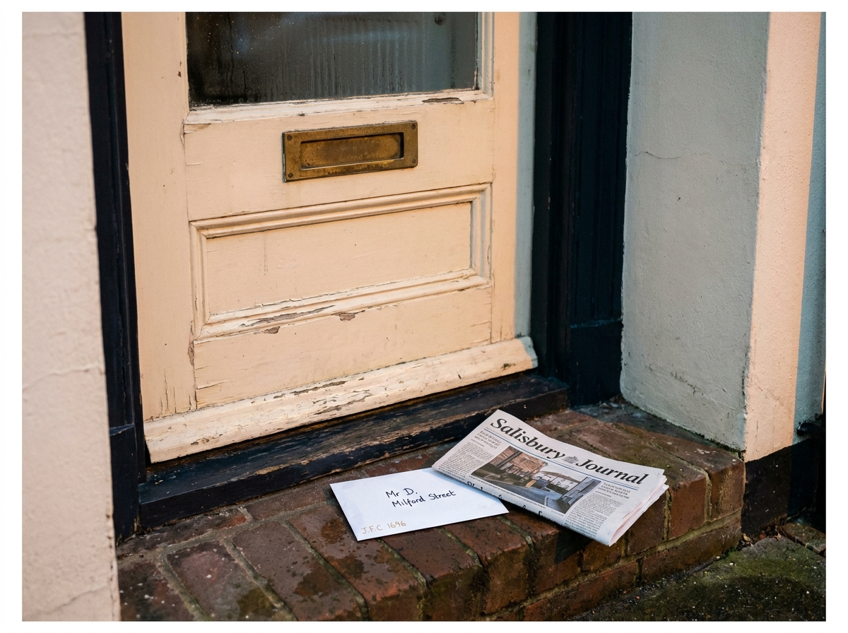 A weathered front door in central Salisbury at dusk, a small envelope of grant paperwork on the step.