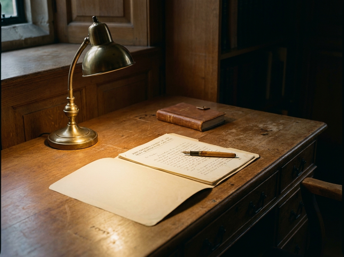 A trustee's hand reviewing case notes at a wooden desk in a parish room, single Anglepoise lamp.