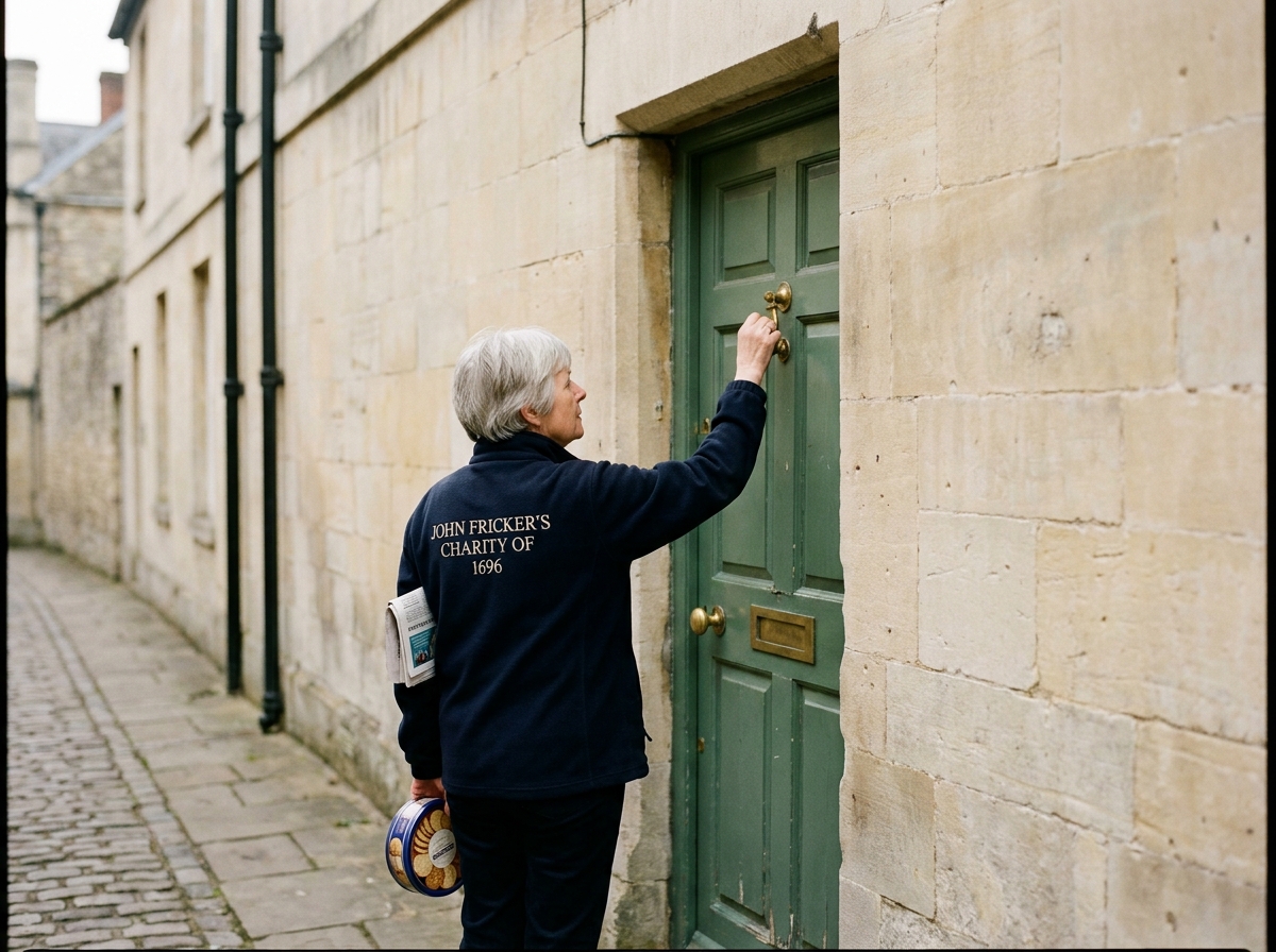 A Sunday Doors befriender knocks on a door on a flint-cobbled street in the Cathedral Close.