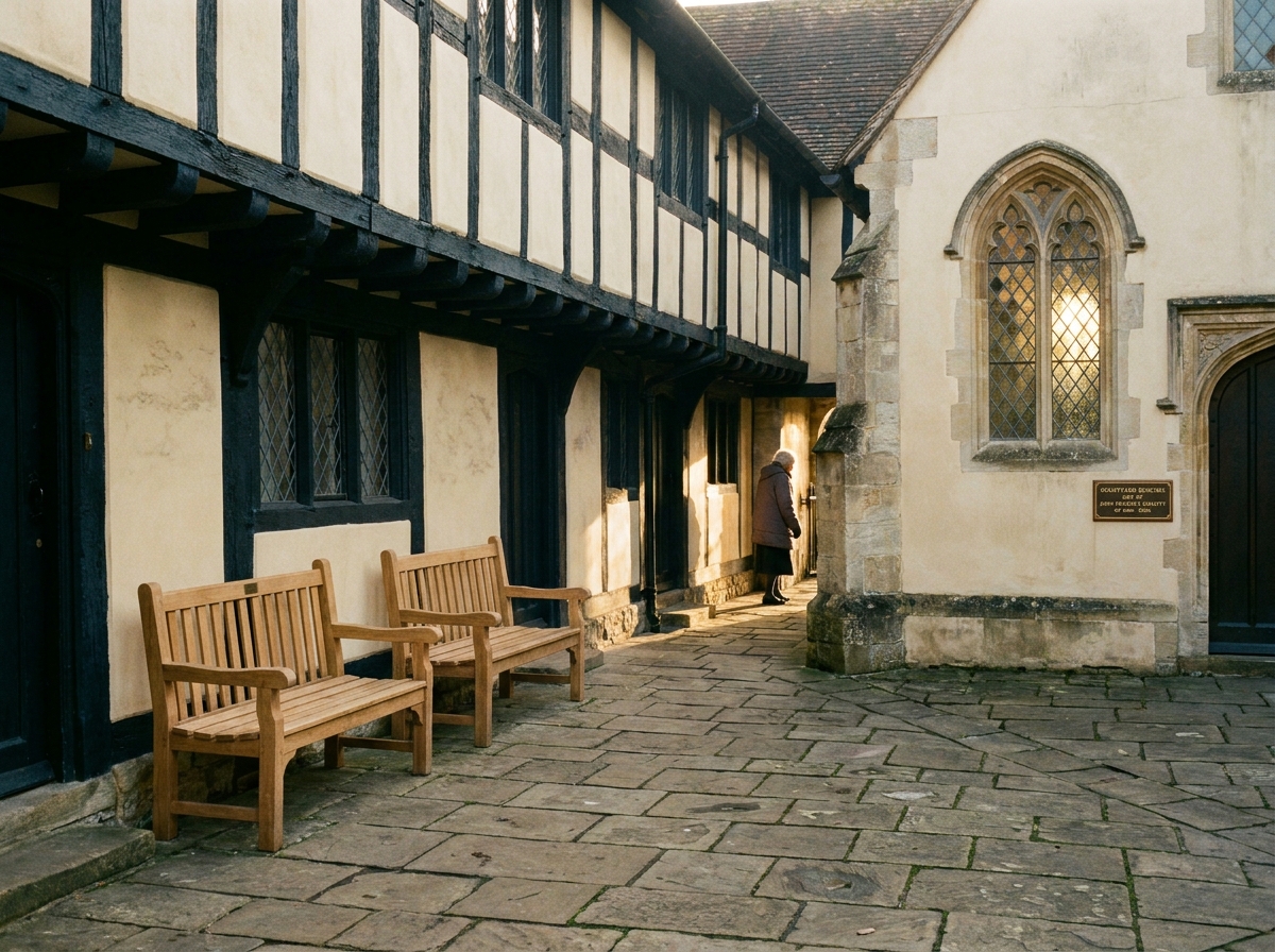 The fifteenth-century courtyard of Trinity Hospital, Salisbury, in low afternoon light.