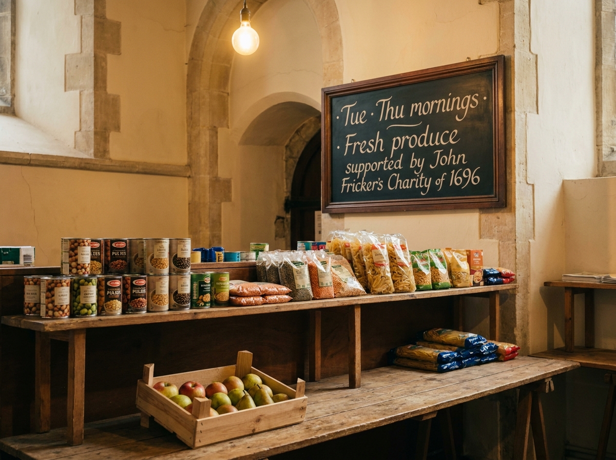 A wooden parish pantry in the vestry of St Martin's, stocked with tinned goods and a printed price-of-staples leaflet.