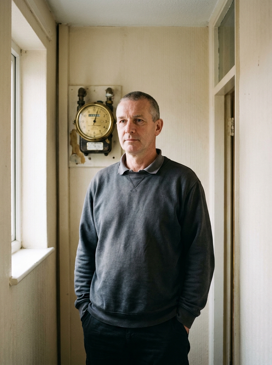 David, 54, in front of a wall-mounted gas meter in a terraced house on Milford Street, Salisbury.