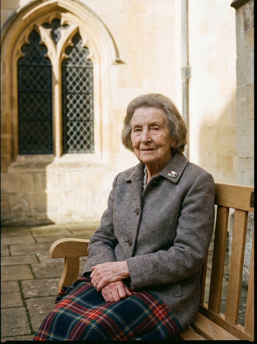 Eileen, 91, sitting in the fifteenth-century courtyard of Trinity Hospital, Salisbury, hands folded on a tartan blanket.