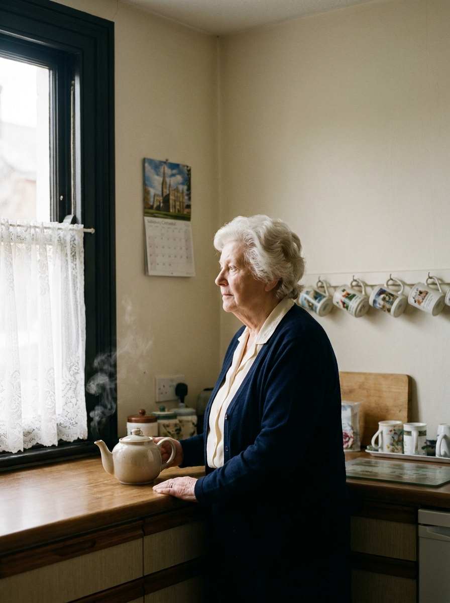 Margaret, 78, in her kitchen on Greencroft Street, Salisbury, kettle on, low winter light through a sash window.